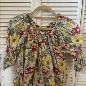 Doen Floral Women's Inez Top with Puff Sleeves - blanc anemone bloom